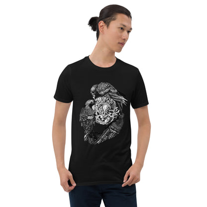 Model wearing t-shirt with black and white, tattoo inspired, gothic, witchy, pagan art.