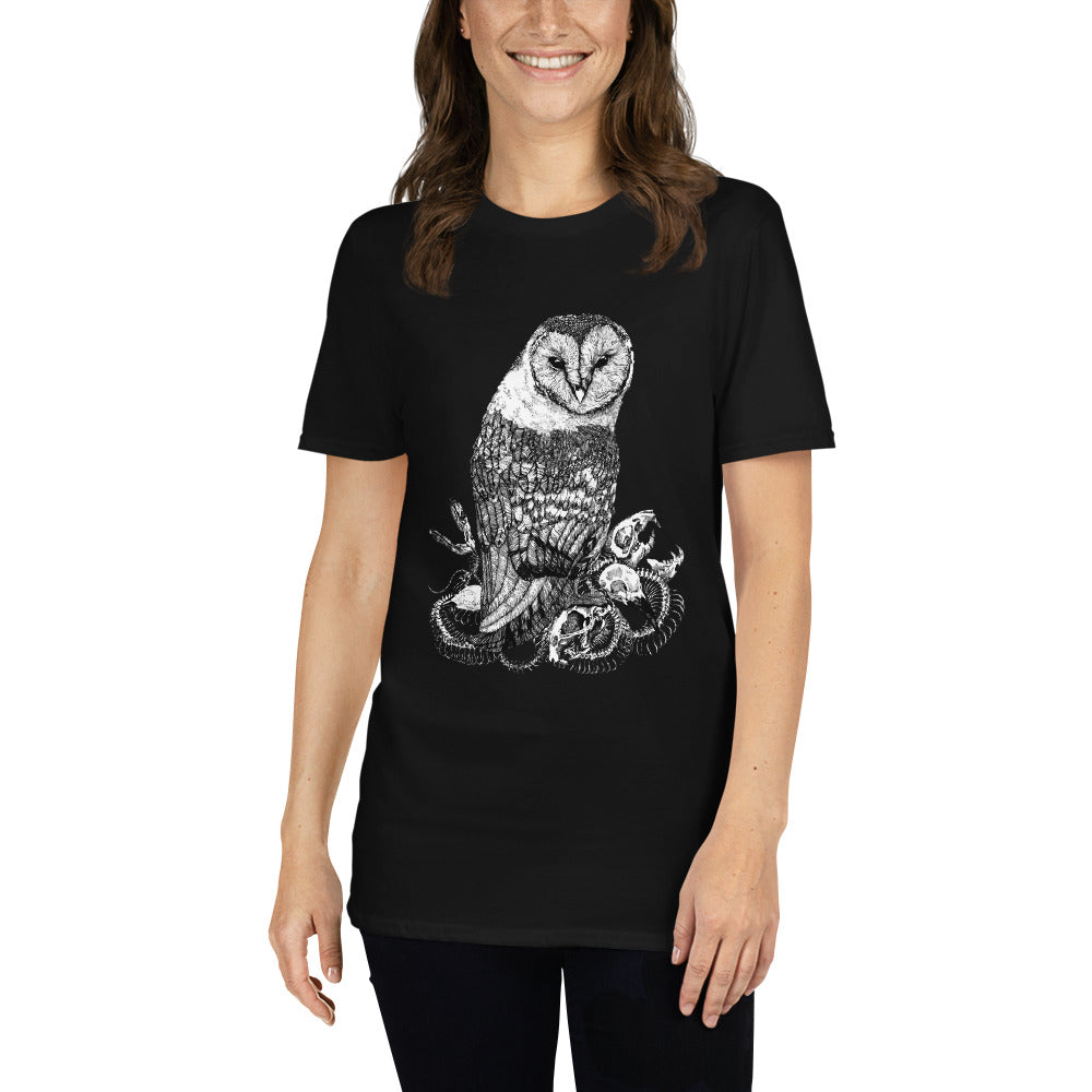 Model wearing t-shirt with black and white, tattoo inspired, gothic, witchy, pagan art.