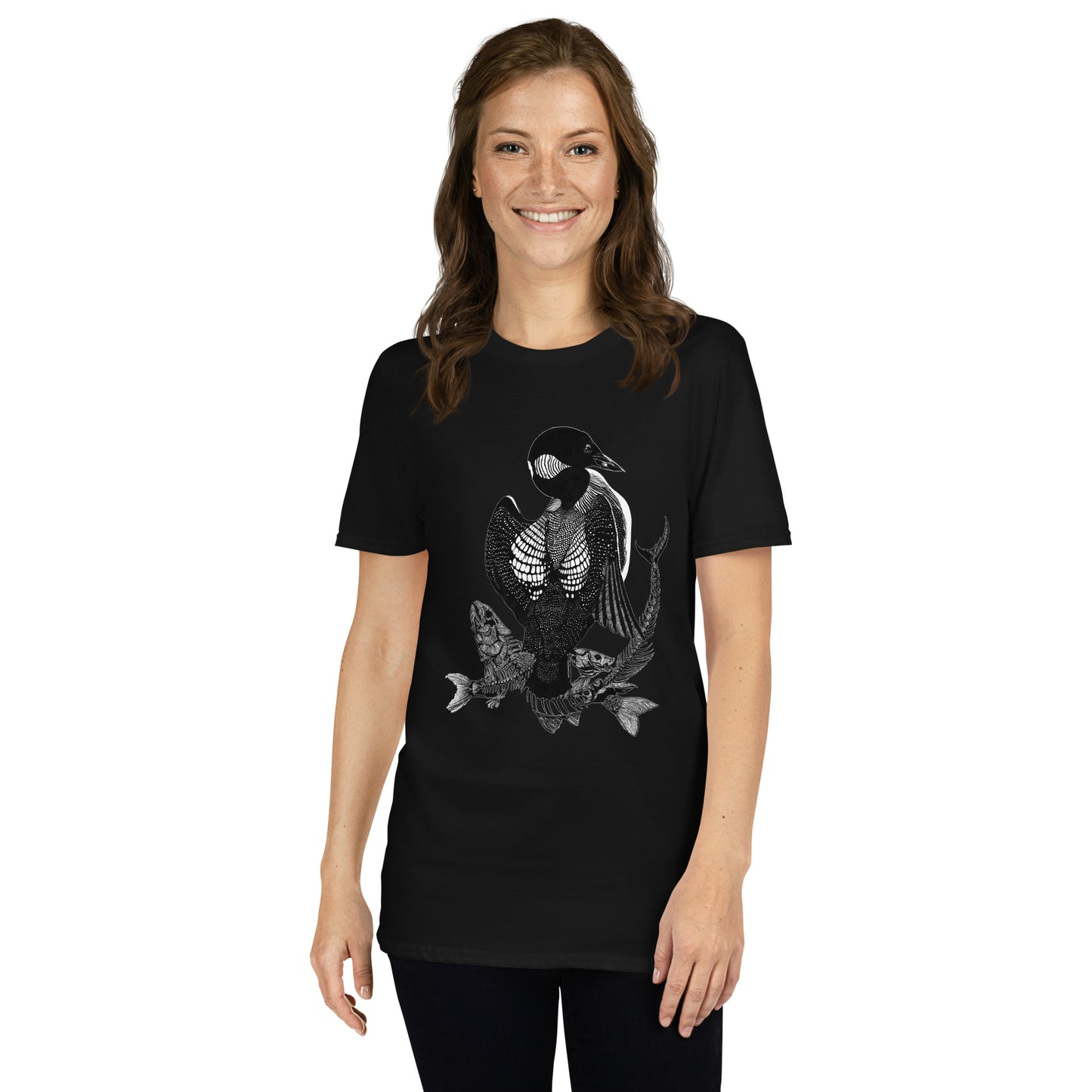 Model wearing t-shirt with black and white, tattoo inspired, gothic, witchy, pagan art.