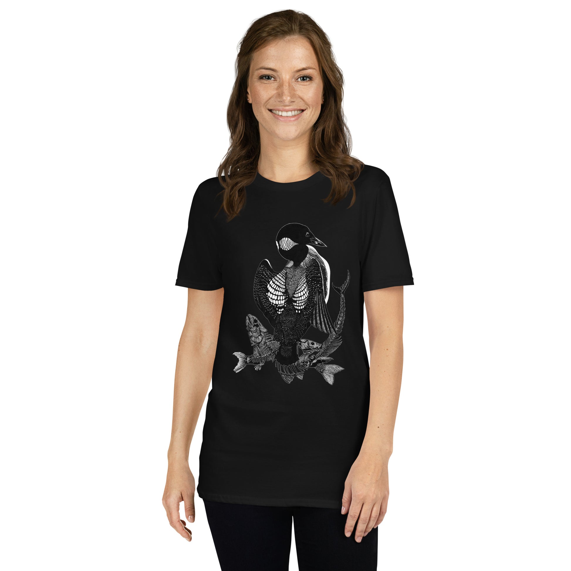 Model wearing t-shirt with black and white, tattoo inspired, gothic, witchy, pagan art.