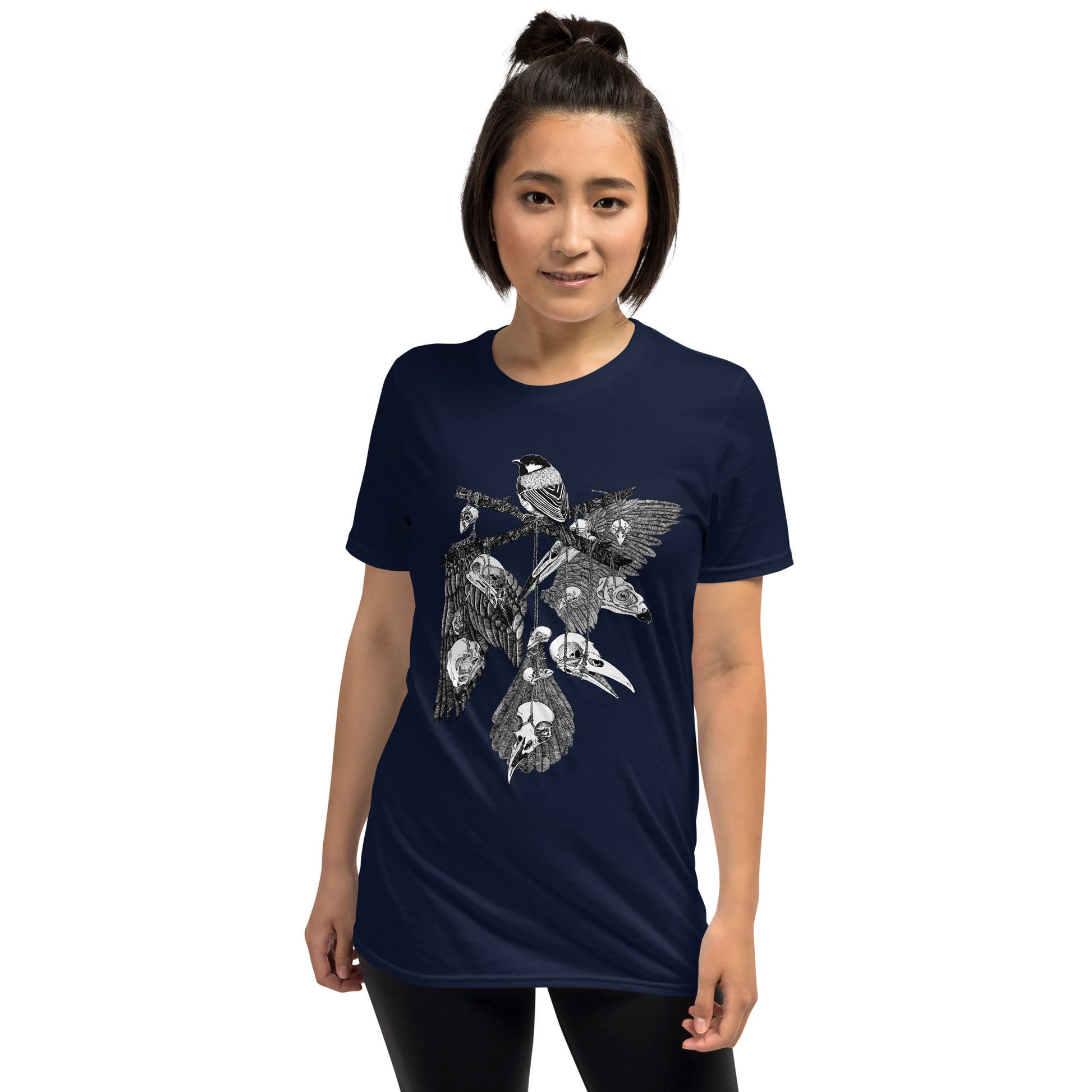 Model wearing t-shirt with black and white, tattoo inspired, gothic, witchy, pagan art.