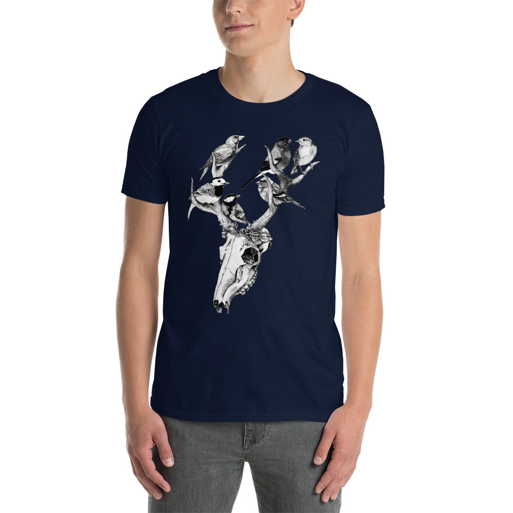 Model wearing t-shirt with black and white, tattoo inspired, gothic, witchy, pagan art.