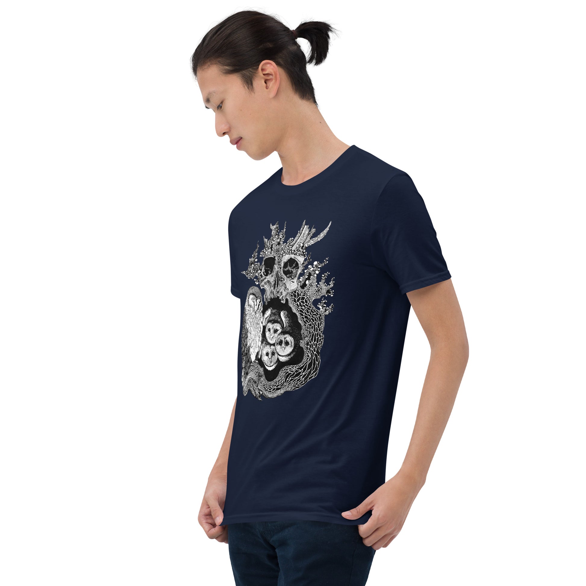 Model wearing t-shirt with black and white, tattoo inspired, gothic, witchy, pagan art.