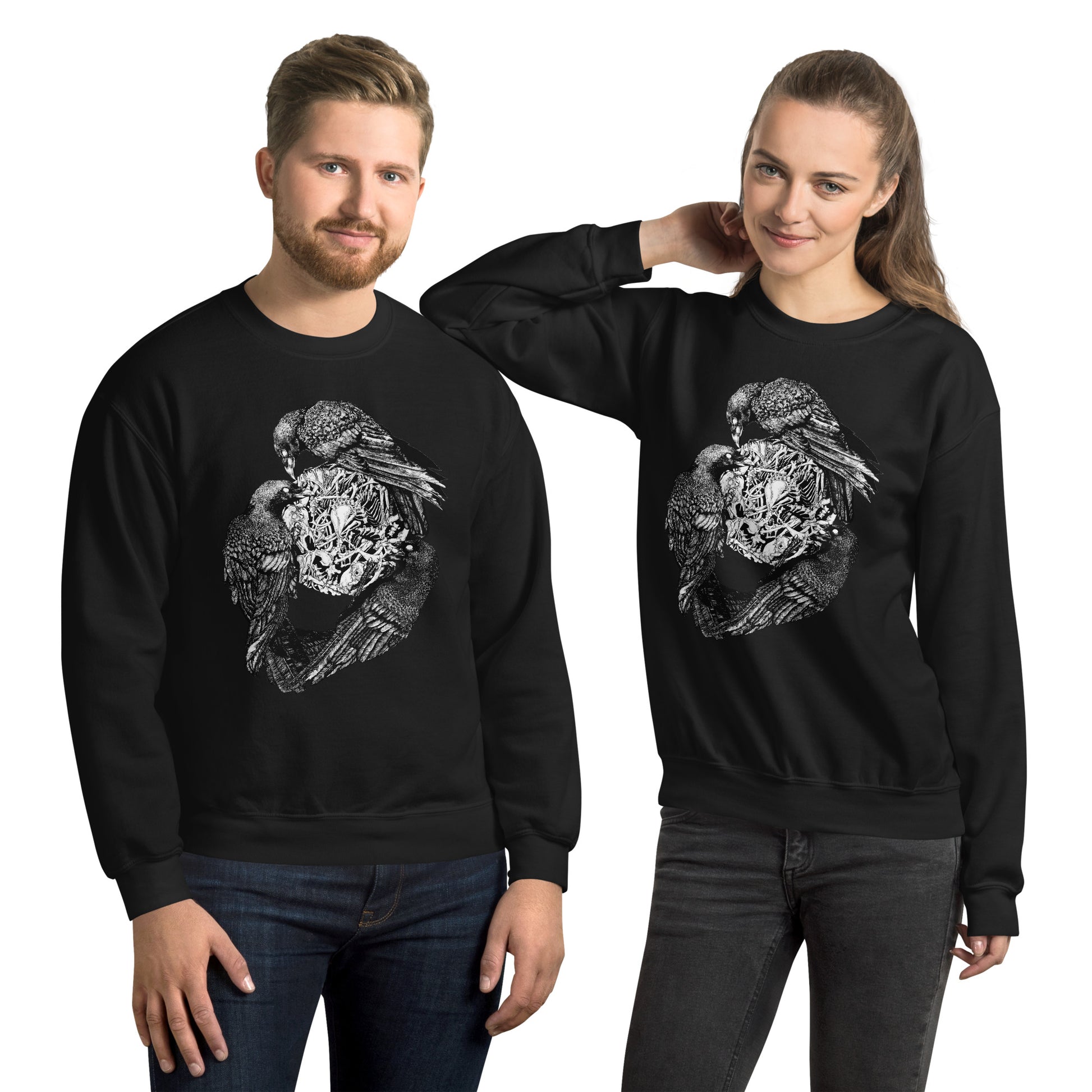 Model wearing sweatshirt with black and white, tattoo inspired, gothic, witchy, pagan art.