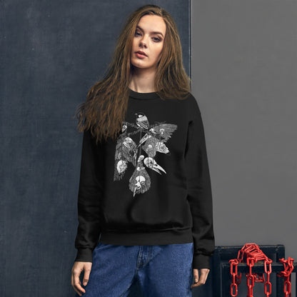 Model wearing sweatshirt with black and white, tattoo inspired, gothic, witchy, pagan art.