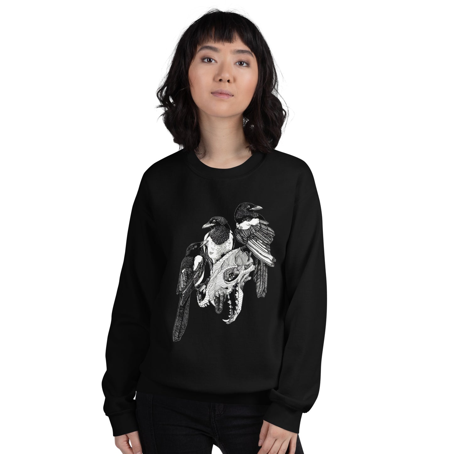 Model wearing sweatshirt with black and white, tattoo inspired, gothic, witchy, pagan art.