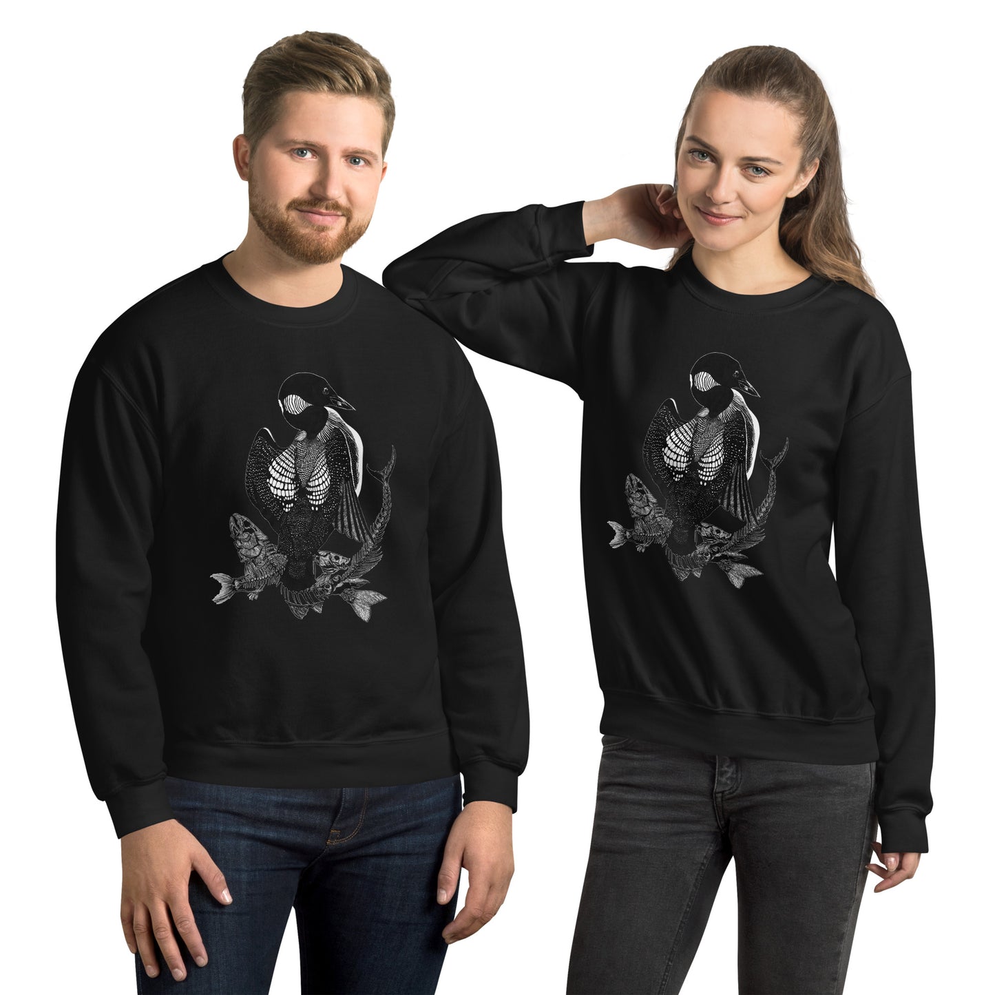 Model wearing sweatshirt with black and white, tattoo inspired, gothic, witchy, pagan art.