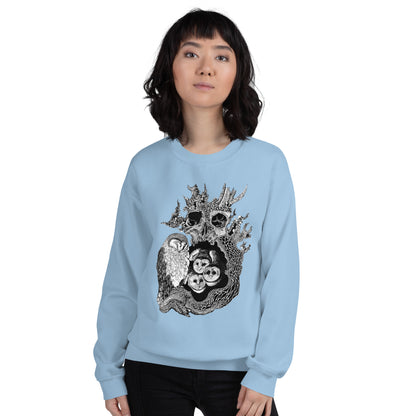 Model wearing sweatshirt with black and white, tattoo inspired, gothic, witchy, pagan art.