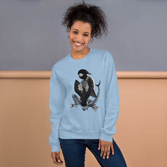 Model wearing sweatshirt with black and white, tattoo inspired, gothic, witchy, pagan art.