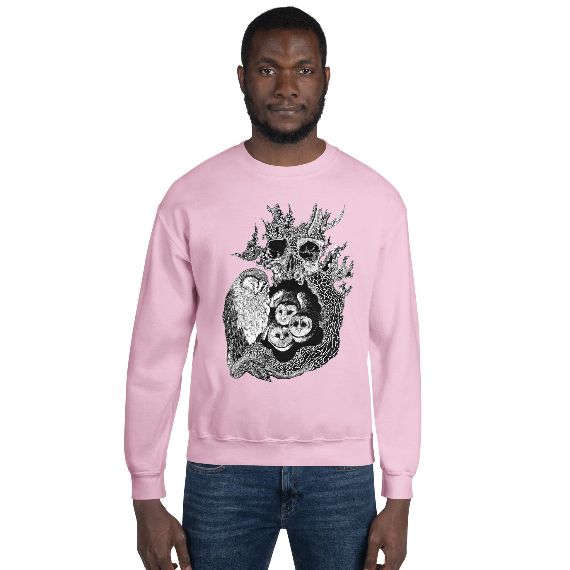 Model wearing sweatshirt with black and white, tattoo inspired, gothic, witchy, pagan art.