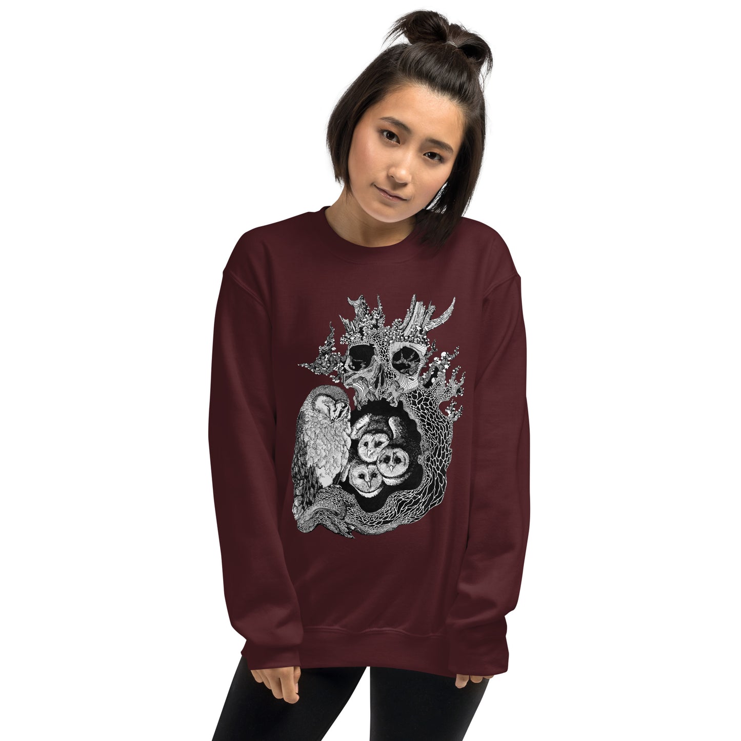 Model wearing sweatshirt with black and white, tattoo inspired, gothic, witchy, pagan art.