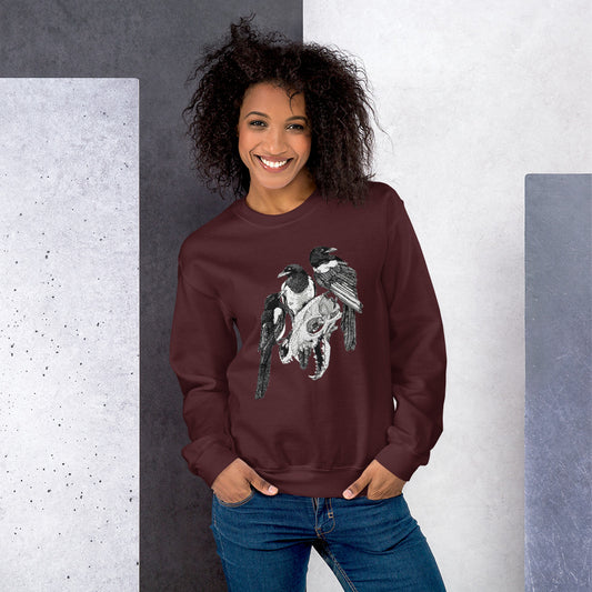 Model wearing sweatshirt with black and white, tattoo inspired, gothic, witchy, pagan art.