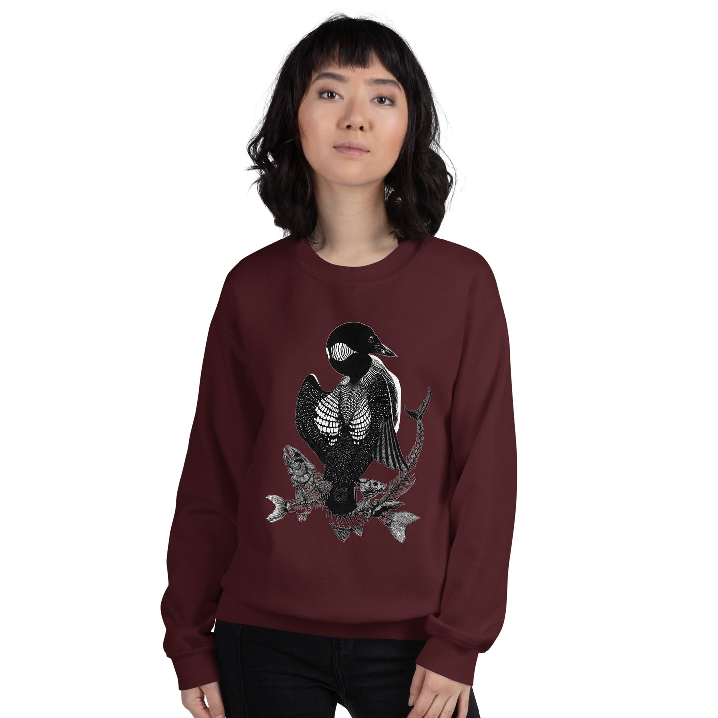 Model wearing sweatshirt with black and white, tattoo inspired, gothic, witchy, pagan art.