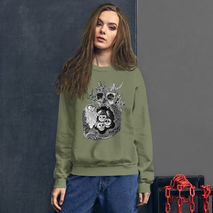 Model wearing sweatshirt with black and white, tattoo inspired, gothic, witchy, pagan art.