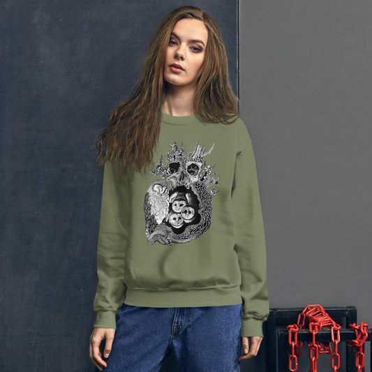 Model wearing sweatshirt with black and white, tattoo inspired, gothic, witchy, pagan art.