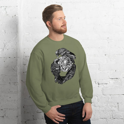 Model wearing sweatshirt with black and white, tattoo inspired, gothic, witchy, pagan art.