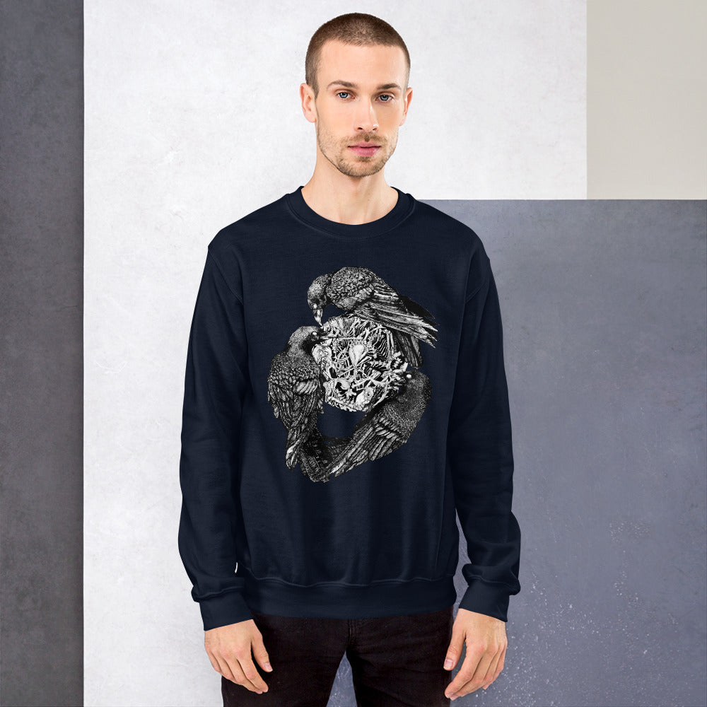 Model wearing sweatshirt with black and white, tattoo inspired, gothic, witchy, pagan art.