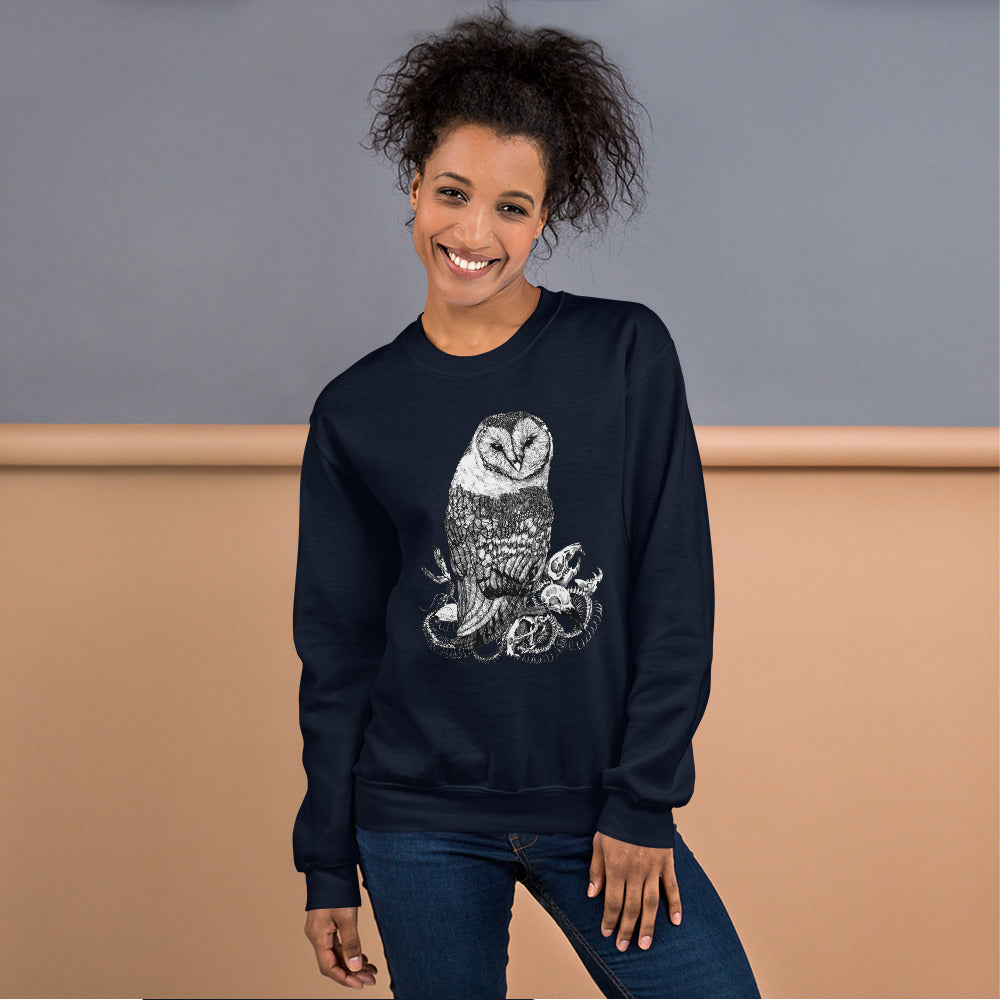 Model wearing sweatshirt with black and white, tattoo inspired, gothic, witchy, pagan art.