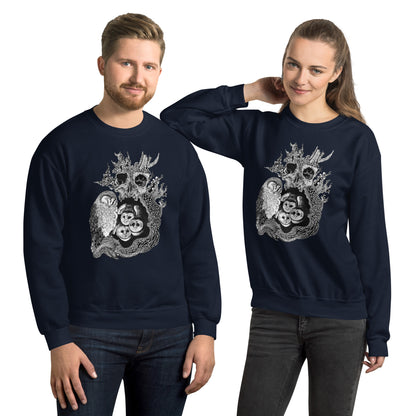 Model wearing sweatshirt with black and white, tattoo inspired, gothic, witchy, pagan art.