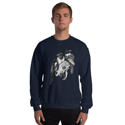 Model wearing sweatshirt with black and white, tattoo inspired, gothic, witchy, pagan art.