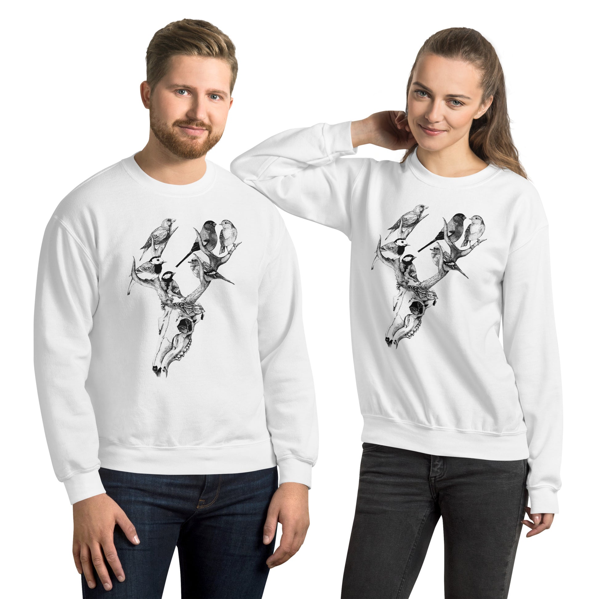 Model wearing sweatshirt with black and white, tattoo inspired, gothic, witchy, pagan art.