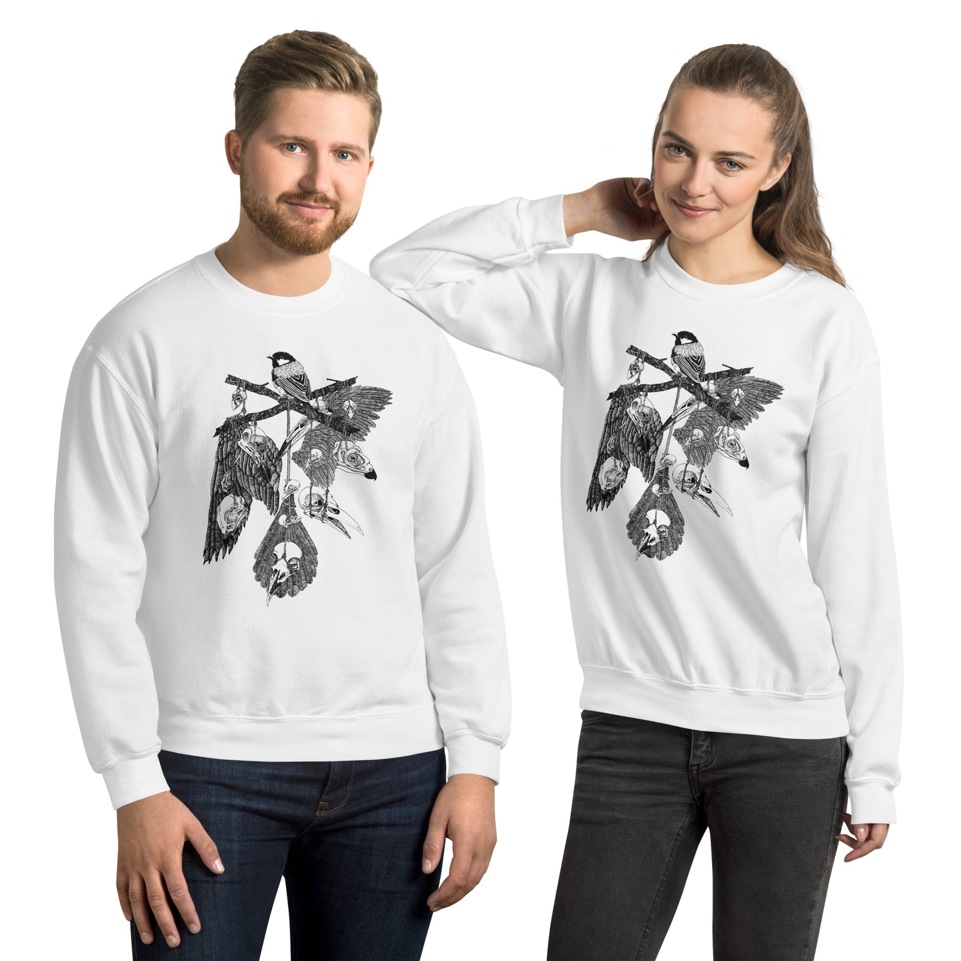 Model wearing sweatshirt with black and white, tattoo inspired, gothic, witchy, pagan art.