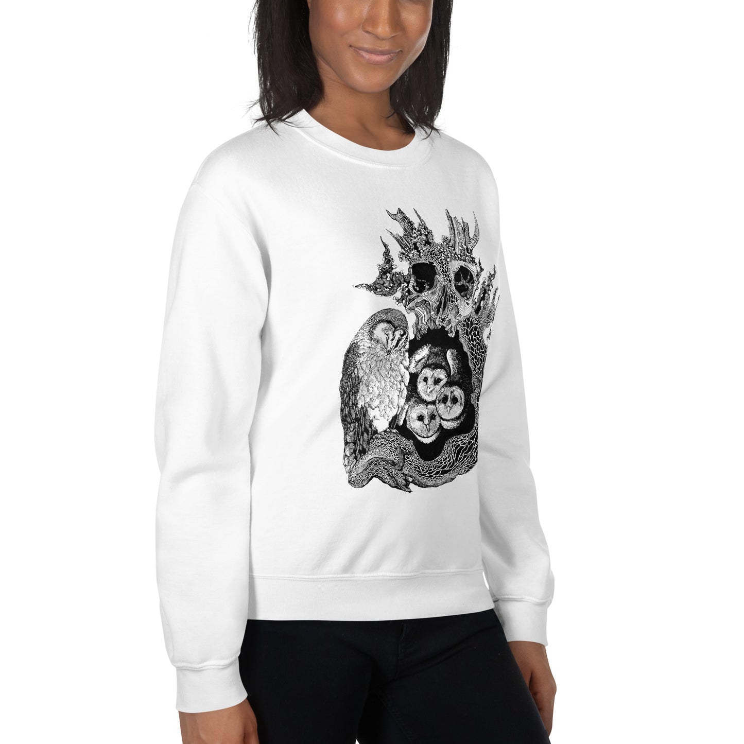 Model wearing sweatshirt with black and white, tattoo inspired, gothic, witchy, pagan art.